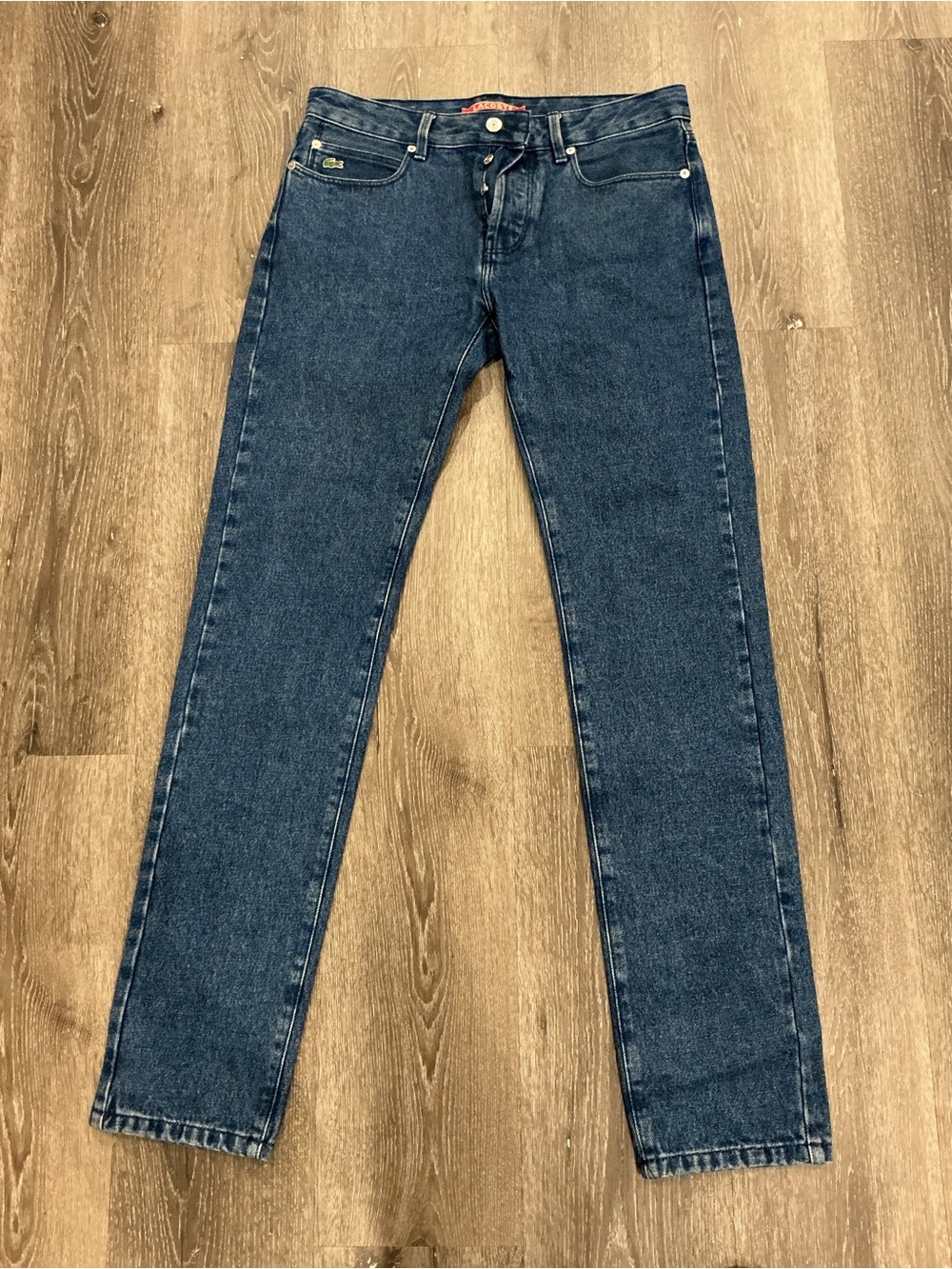 Vintage Lacoste Women’s Straight Leg Y2K Jeans in Dark Blue Denim button fly